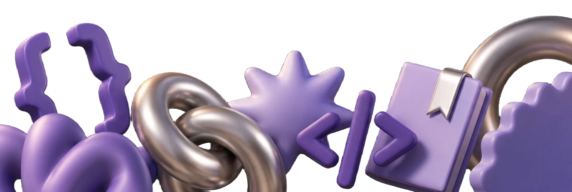 A sculpted collection of violet and silver developer objects: code brackets, a terminal window and keyboard keys
